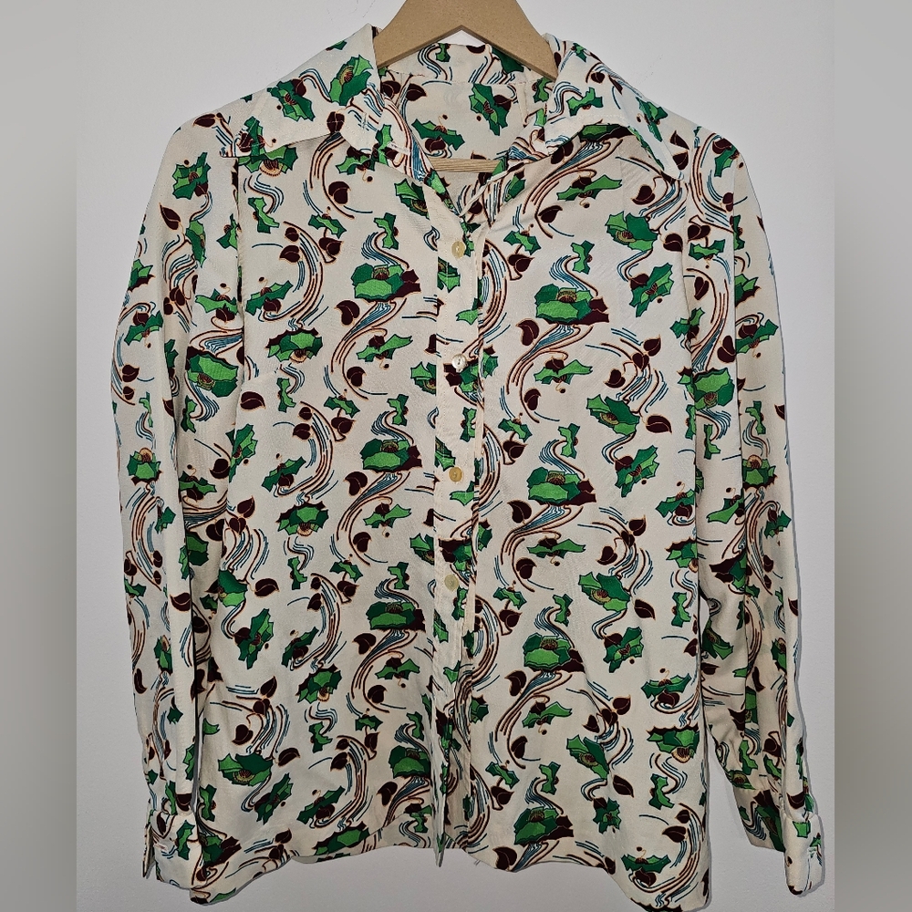 Vintage Button Up Shirt Women M Wild Print Statement Piece 70s Homemade Holidays
